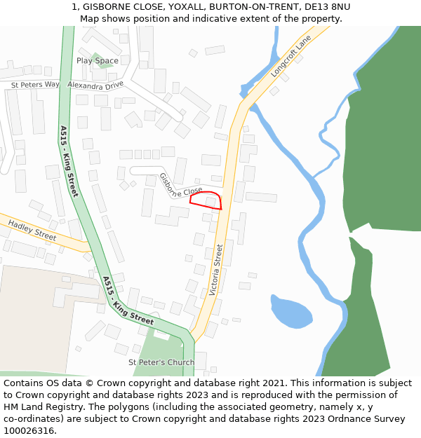 1, GISBORNE CLOSE, YOXALL, BURTON-ON-TRENT, DE13 8NU: Location map and indicative extent of plot
