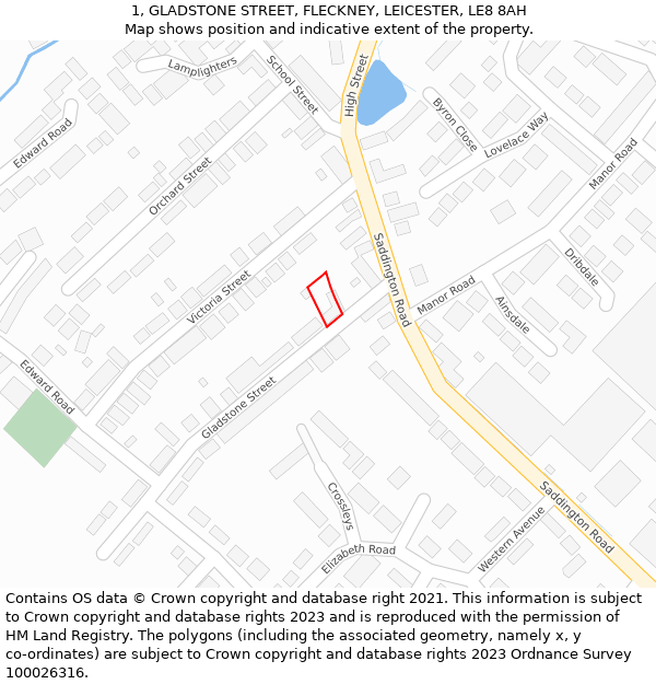1, GLADSTONE STREET, FLECKNEY, LEICESTER, LE8 8AH: Location map and indicative extent of plot