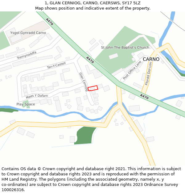 1, GLAN CERNIOG, CARNO, CAERSWS, SY17 5LZ: Location map and indicative extent of plot