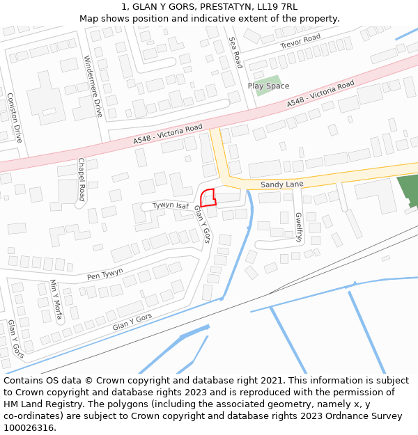 1, GLAN Y GORS, PRESTATYN, LL19 7RL: Location map and indicative extent of plot