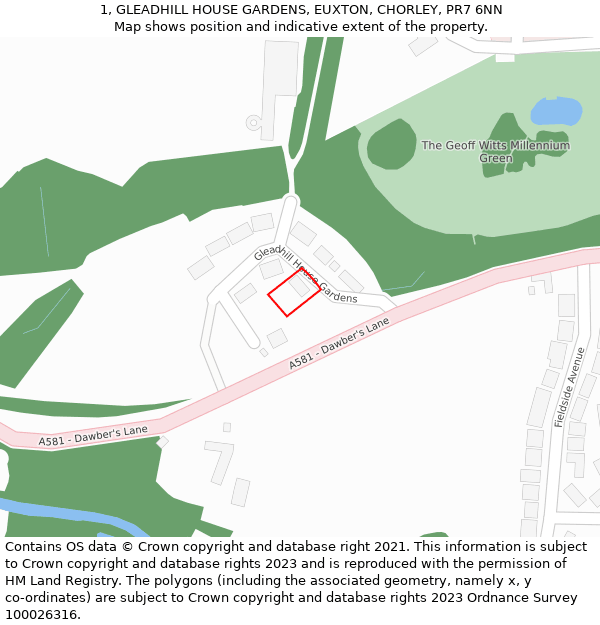 1, GLEADHILL HOUSE GARDENS, EUXTON, CHORLEY, PR7 6NN: Location map and indicative extent of plot