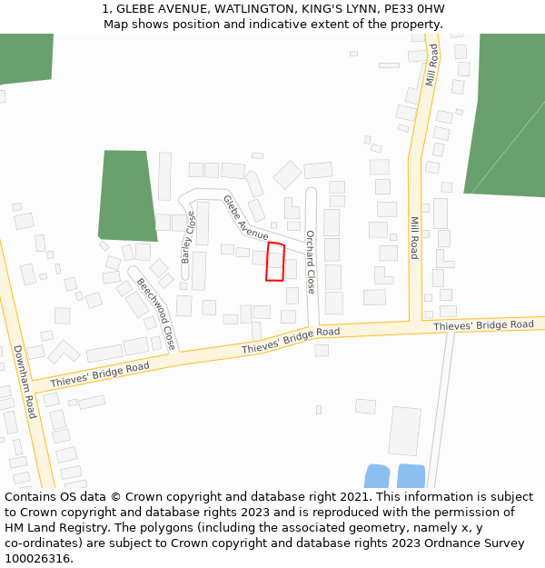 1, GLEBE AVENUE, WATLINGTON, KING'S LYNN, PE33 0HW: Location map and indicative extent of plot