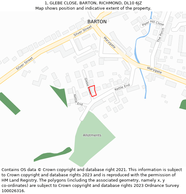 1, GLEBE CLOSE, BARTON, RICHMOND, DL10 6JZ: Location map and indicative extent of plot