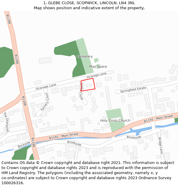 1, GLEBE CLOSE, SCOPWICK, LINCOLN, LN4 3NL: Location map and indicative extent of plot