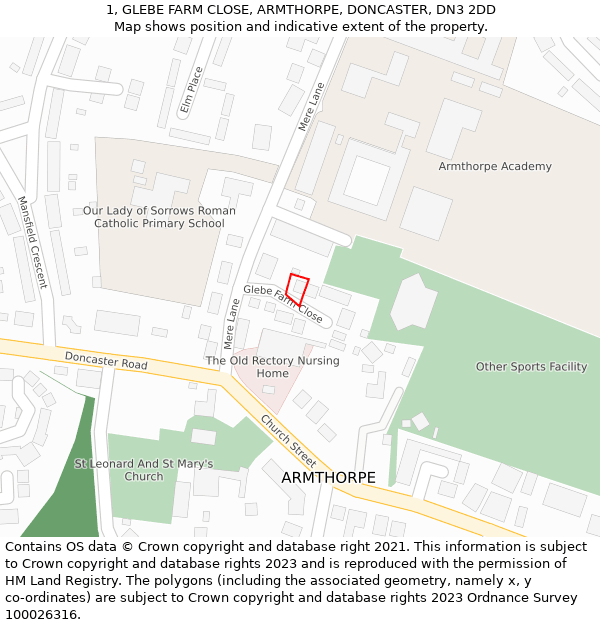 1, GLEBE FARM CLOSE, ARMTHORPE, DONCASTER, DN3 2DD: Location map and indicative extent of plot