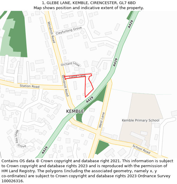 1, GLEBE LANE, KEMBLE, CIRENCESTER, GL7 6BD: Location map and indicative extent of plot