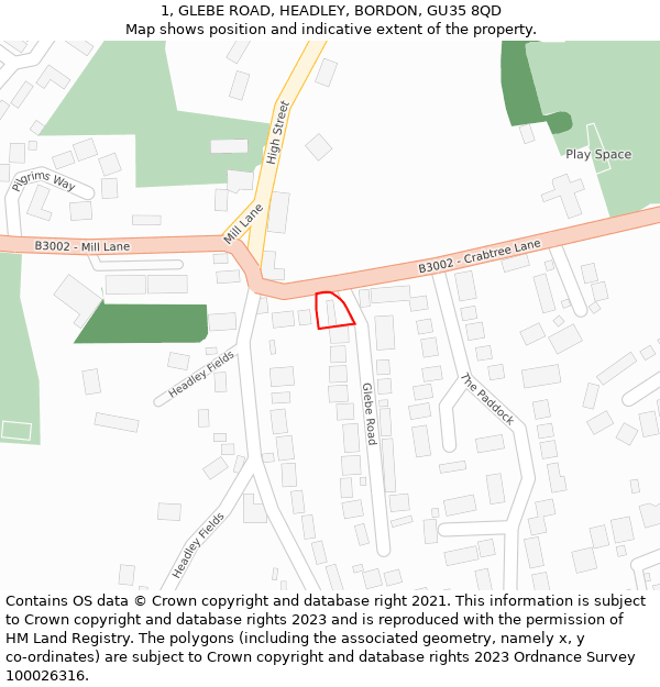 1, GLEBE ROAD, HEADLEY, BORDON, GU35 8QD: Location map and indicative extent of plot