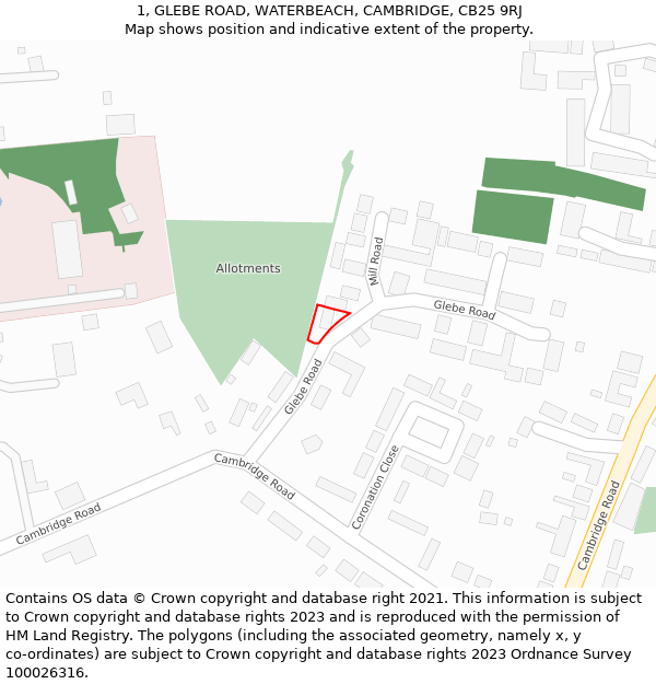 1, GLEBE ROAD, WATERBEACH, CAMBRIDGE, CB25 9RJ: Location map and indicative extent of plot