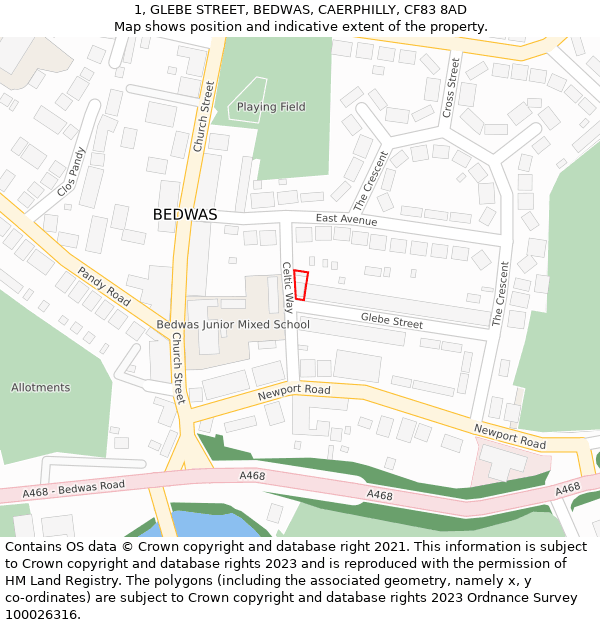 1, GLEBE STREET, BEDWAS, CAERPHILLY, CF83 8AD: Location map and indicative extent of plot
