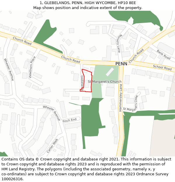 1, GLEBELANDS, PENN, HIGH WYCOMBE, HP10 8EE: Location map and indicative extent of plot