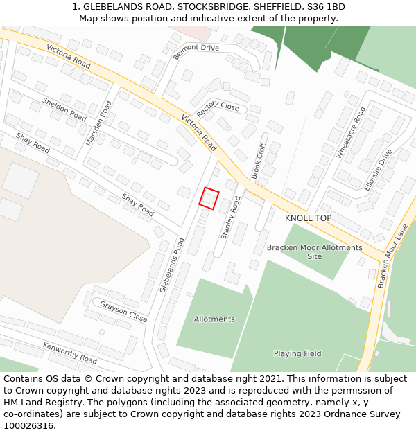 1, GLEBELANDS ROAD, STOCKSBRIDGE, SHEFFIELD, S36 1BD: Location map and indicative extent of plot