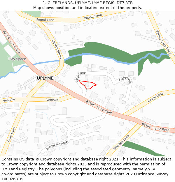 1, GLEBELANDS, UPLYME, LYME REGIS, DT7 3TB: Location map and indicative extent of plot