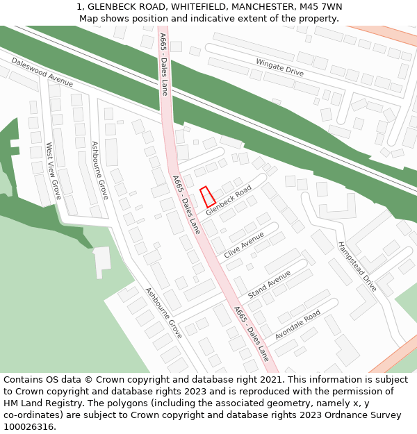1, GLENBECK ROAD, WHITEFIELD, MANCHESTER, M45 7WN: Location map and indicative extent of plot