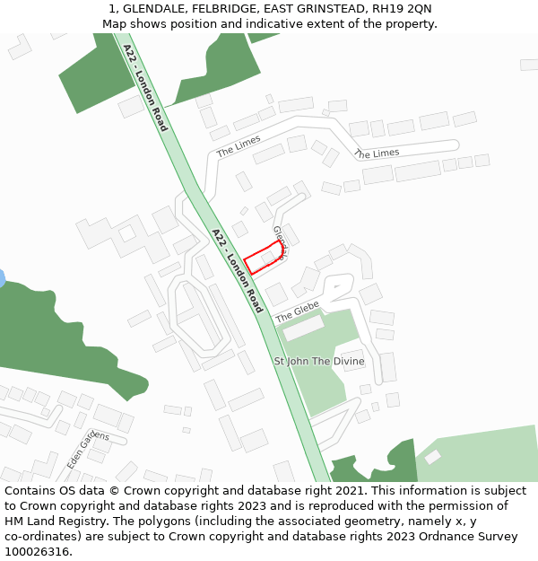1, GLENDALE, FELBRIDGE, EAST GRINSTEAD, RH19 2QN: Location map and indicative extent of plot