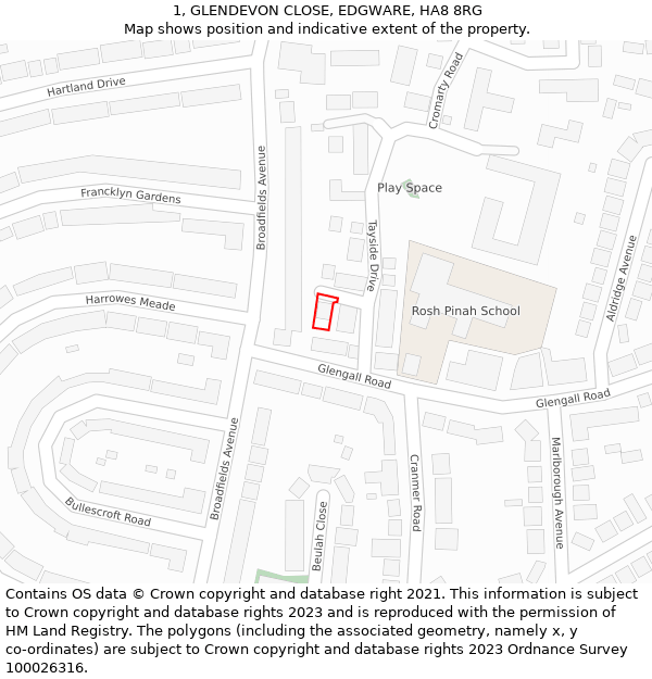 1, GLENDEVON CLOSE, EDGWARE, HA8 8RG: Location map and indicative extent of plot