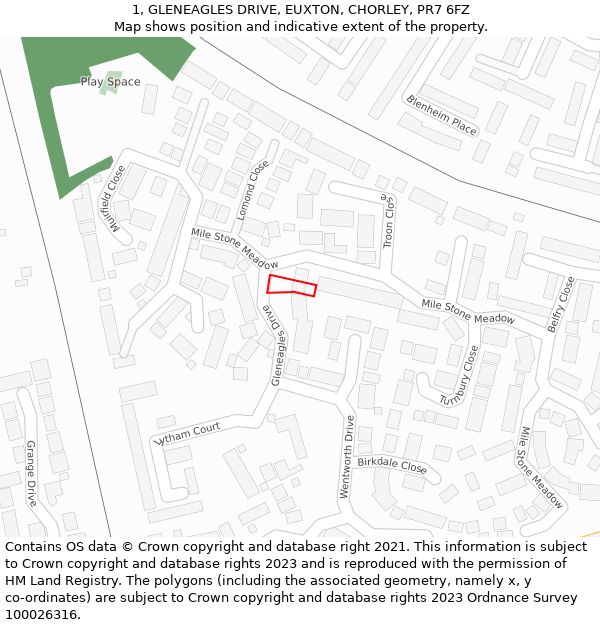 1, GLENEAGLES DRIVE, EUXTON, CHORLEY, PR7 6FZ: Location map and indicative extent of plot