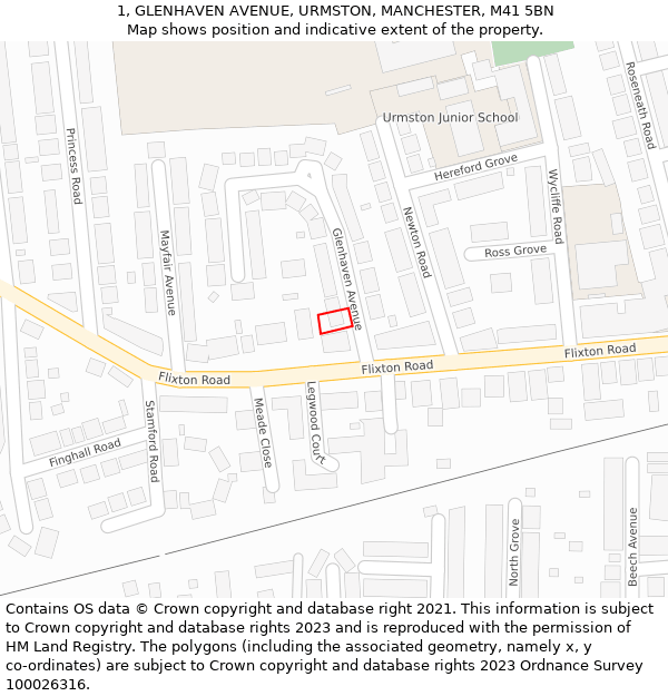 1, GLENHAVEN AVENUE, URMSTON, MANCHESTER, M41 5BN: Location map and indicative extent of plot