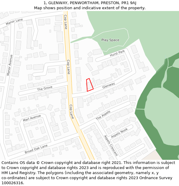 1, GLENWAY, PENWORTHAM, PRESTON, PR1 9AJ: Location map and indicative extent of plot