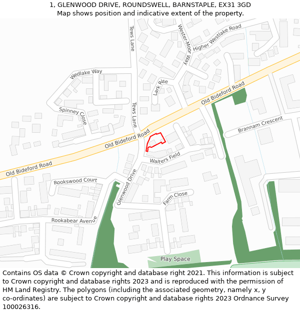 1, GLENWOOD DRIVE, ROUNDSWELL, BARNSTAPLE, EX31 3GD: Location map and indicative extent of plot