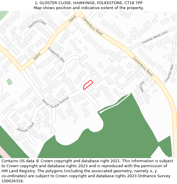 1, GLOSTER CLOSE, HAWKINGE, FOLKESTONE, CT18 7PP: Location map and indicative extent of plot