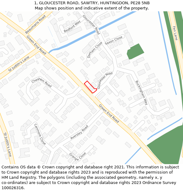 1, GLOUCESTER ROAD, SAWTRY, HUNTINGDON, PE28 5NB: Location map and indicative extent of plot