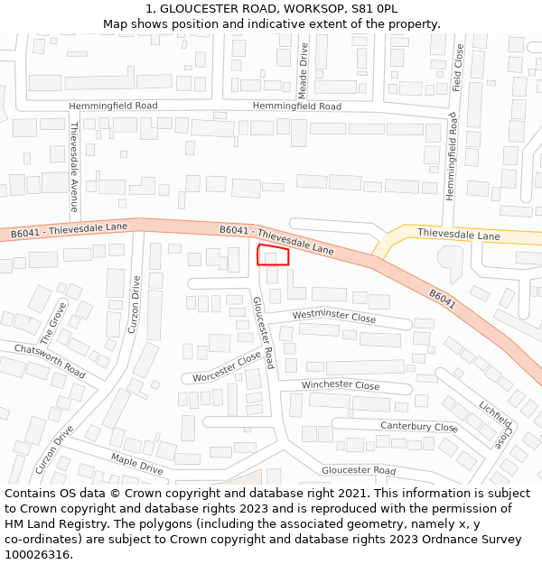 1, GLOUCESTER ROAD, WORKSOP, S81 0PL: Location map and indicative extent of plot
