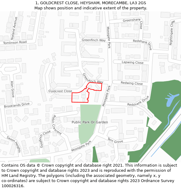 1, GOLDCREST CLOSE, HEYSHAM, MORECAMBE, LA3 2GS: Location map and indicative extent of plot