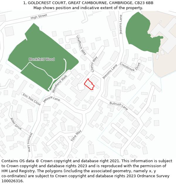 1, GOLDCREST COURT, GREAT CAMBOURNE, CAMBRIDGE, CB23 6BB: Location map and indicative extent of plot