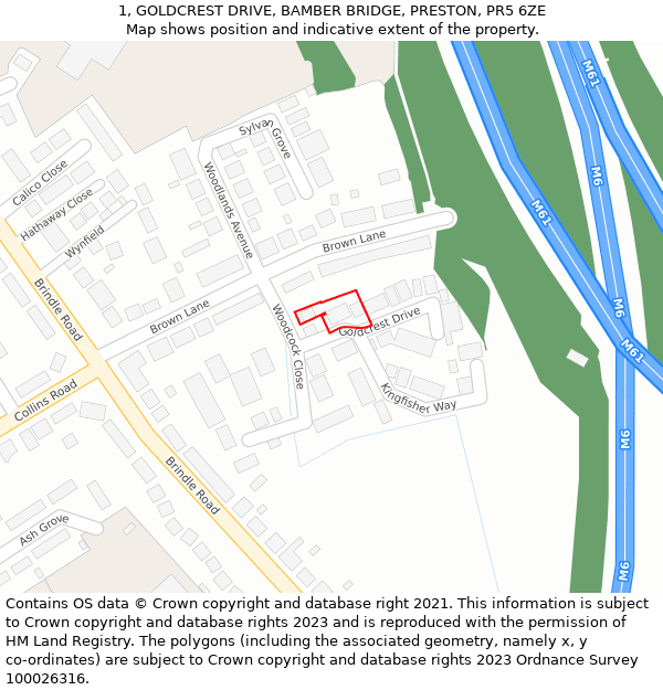 1, GOLDCREST DRIVE, BAMBER BRIDGE, PRESTON, PR5 6ZE: Location map and indicative extent of plot