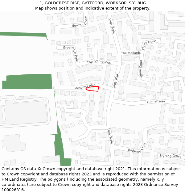 1, GOLDCREST RISE, GATEFORD, WORKSOP, S81 8UG: Location map and indicative extent of plot