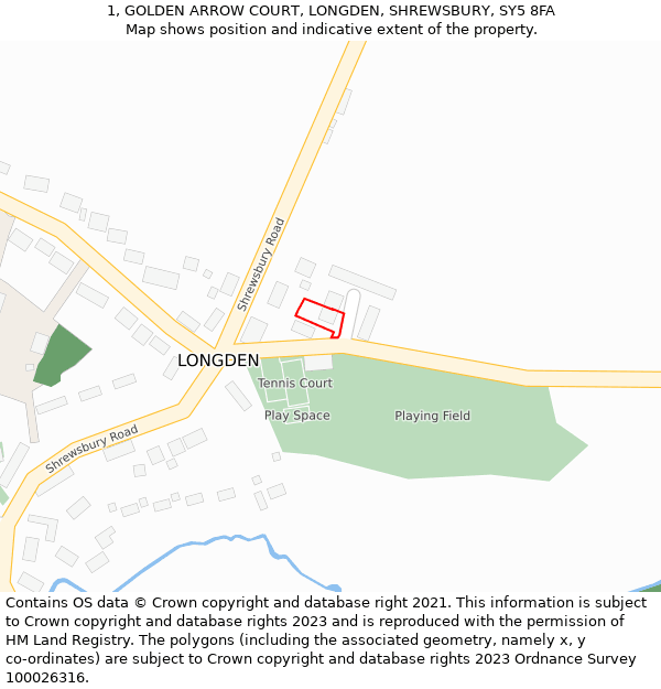 1, GOLDEN ARROW COURT, LONGDEN, SHREWSBURY, SY5 8FA: Location map and indicative extent of plot