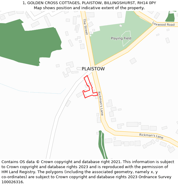 1, GOLDEN CROSS COTTAGES, PLAISTOW, BILLINGSHURST, RH14 0PY: Location map and indicative extent of plot