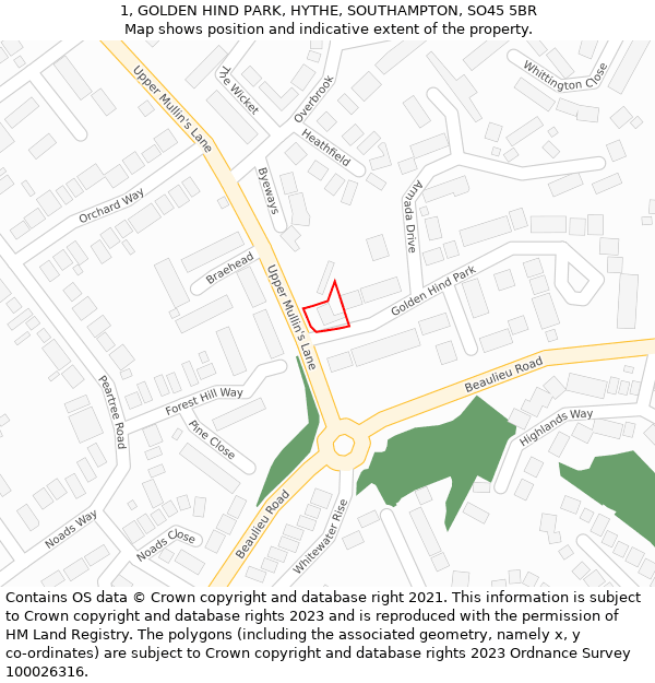 1, GOLDEN HIND PARK, HYTHE, SOUTHAMPTON, SO45 5BR: Location map and indicative extent of plot