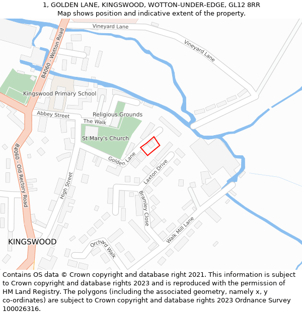 1, GOLDEN LANE, KINGSWOOD, WOTTON-UNDER-EDGE, GL12 8RR: Location map and indicative extent of plot