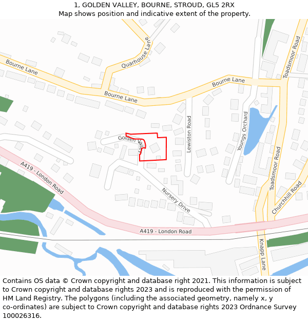 1, GOLDEN VALLEY, BOURNE, STROUD, GL5 2RX: Location map and indicative extent of plot