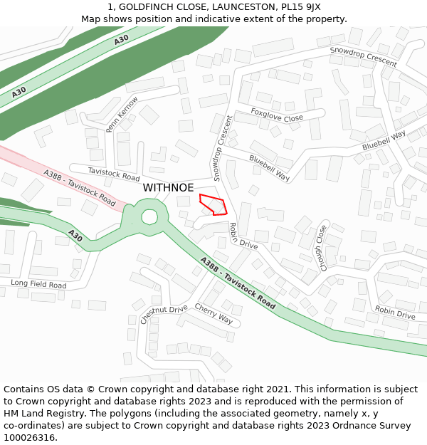 1, GOLDFINCH CLOSE, LAUNCESTON, PL15 9JX: Location map and indicative extent of plot