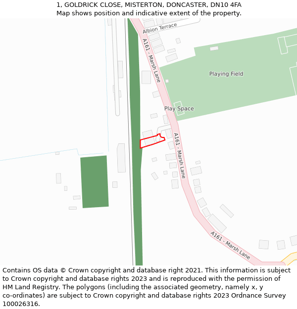 1, GOLDRICK CLOSE, MISTERTON, DONCASTER, DN10 4FA: Location map and indicative extent of plot