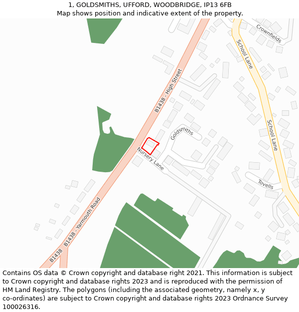 1, GOLDSMITHS, UFFORD, WOODBRIDGE, IP13 6FB: Location map and indicative extent of plot