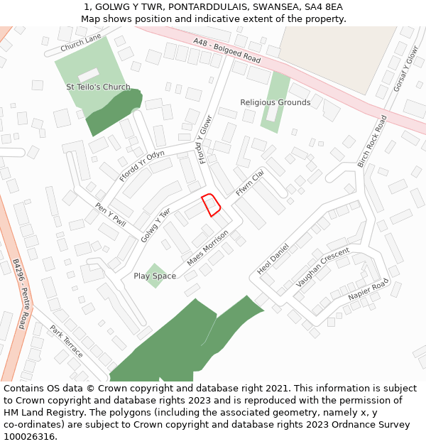 1, GOLWG Y TWR, PONTARDDULAIS, SWANSEA, SA4 8EA: Location map and indicative extent of plot