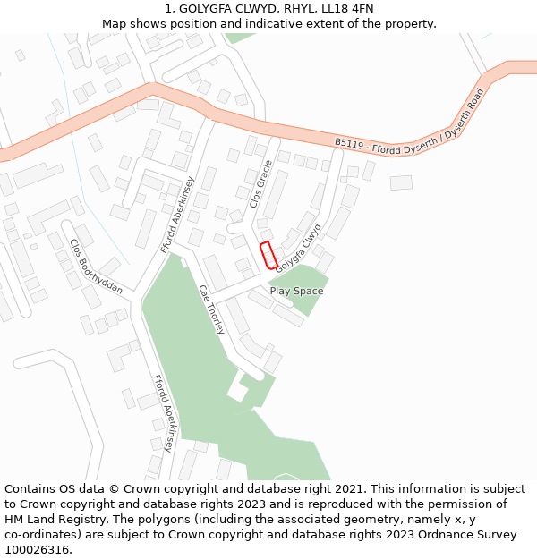 1, GOLYGFA CLWYD, RHYL, LL18 4FN: Location map and indicative extent of plot