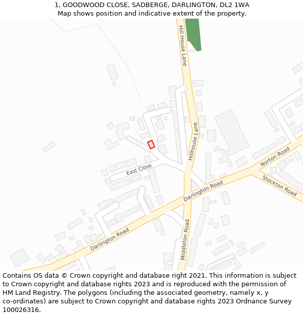 1, GOODWOOD CLOSE, SADBERGE, DARLINGTON, DL2 1WA: Location map and indicative extent of plot