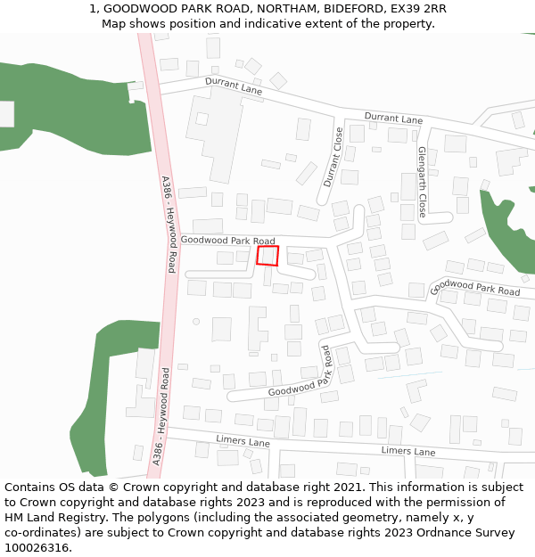 1, GOODWOOD PARK ROAD, NORTHAM, BIDEFORD, EX39 2RR: Location map and indicative extent of plot