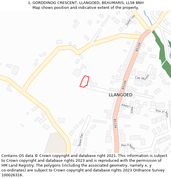 1, GORDDINOG CRESCENT, LLANGOED, BEAUMARIS, LL58 8NH: Location map and indicative extent of plot