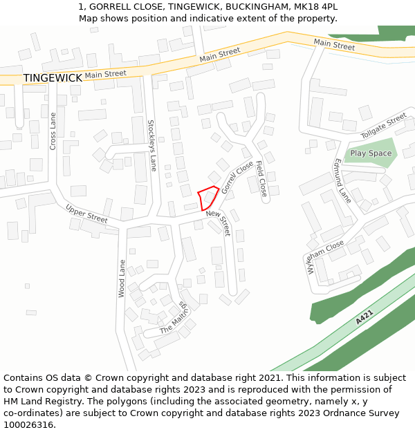 1, GORRELL CLOSE, TINGEWICK, BUCKINGHAM, MK18 4PL: Location map and indicative extent of plot