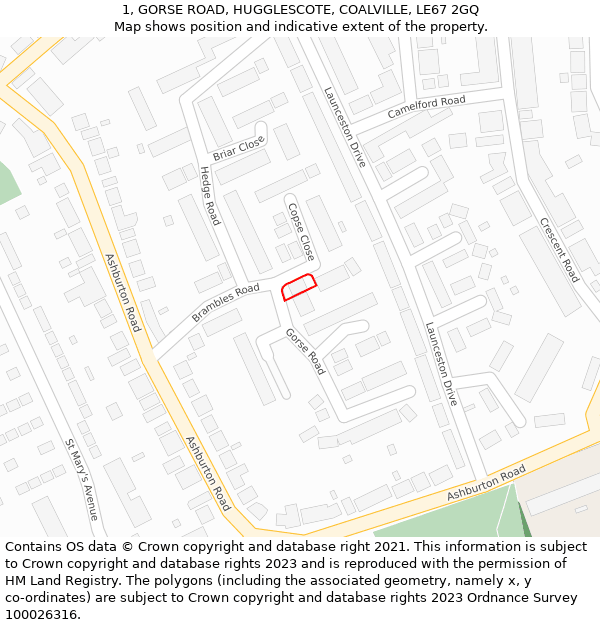 1, GORSE ROAD, HUGGLESCOTE, COALVILLE, LE67 2GQ: Location map and indicative extent of plot