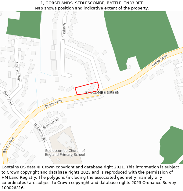 1, GORSELANDS, SEDLESCOMBE, BATTLE, TN33 0PT: Location map and indicative extent of plot