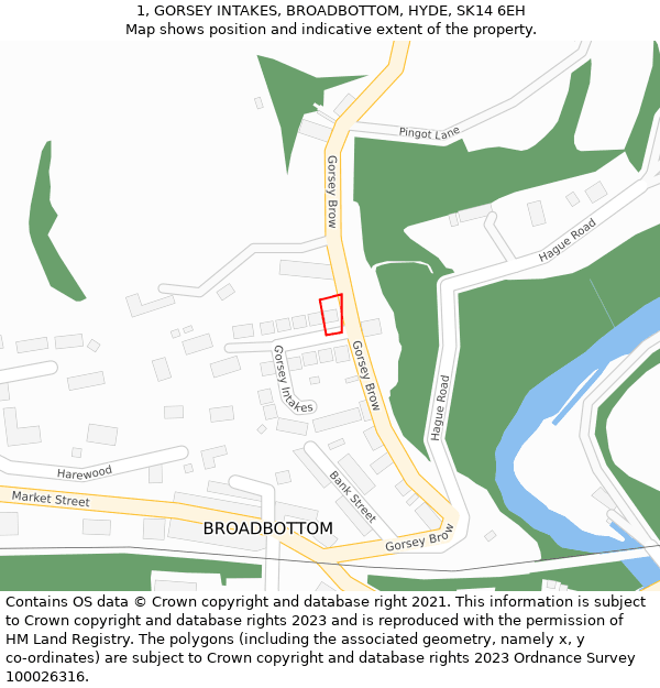 1, GORSEY INTAKES, BROADBOTTOM, HYDE, SK14 6EH: Location map and indicative extent of plot