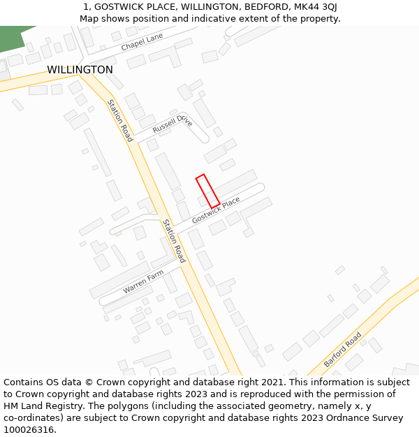 1, GOSTWICK PLACE, WILLINGTON, BEDFORD, MK44 3QJ: Location map and indicative extent of plot