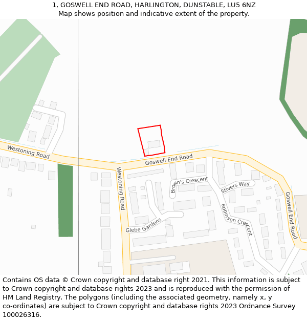 1, GOSWELL END ROAD, HARLINGTON, DUNSTABLE, LU5 6NZ: Location map and indicative extent of plot