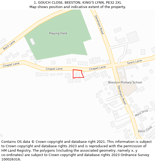 1, GOUCH CLOSE, BEESTON, KING'S LYNN, PE32 2XL: Location map and indicative extent of plot